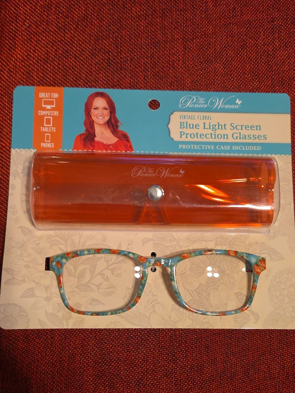 The Pioneer Woman Turquoise Floral Blue Light Screen Glasses with Orange Case